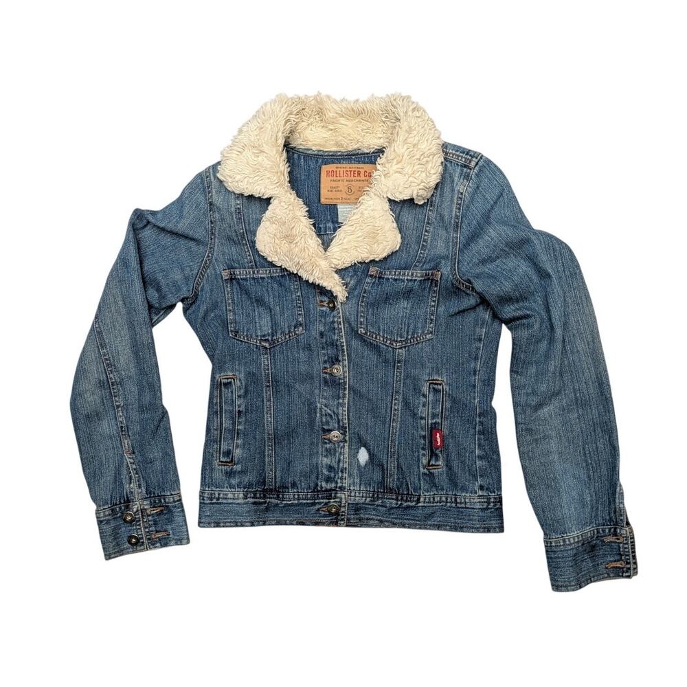 Vintage 2000s Hollister Denim Jean Jacket Faux Sherpa Collar Women's Medium Y2K